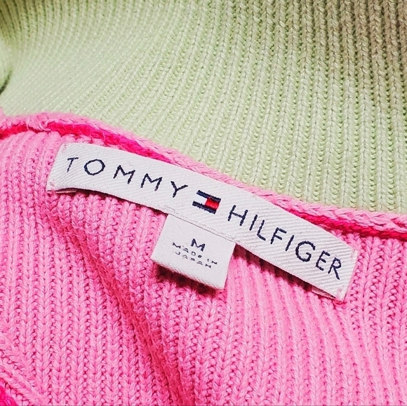 Vintage Retro Y2K Tommy Hilfiger Pastel Neon Pink Green Ribbed Pull-over Sweater - Picture 15 of 16